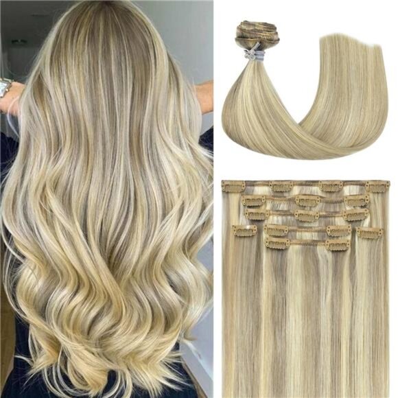 Clip In Real Human Hair Extensions 22 Inch 70g 7pcs Mixed Bleach Blonde - Picture 1 of 7